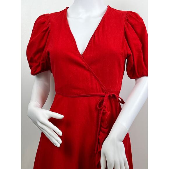 Women's Zara Red Lined Blend Wrap Puffed Sleeve Mini Dress Size XS - Picture 7 of 12